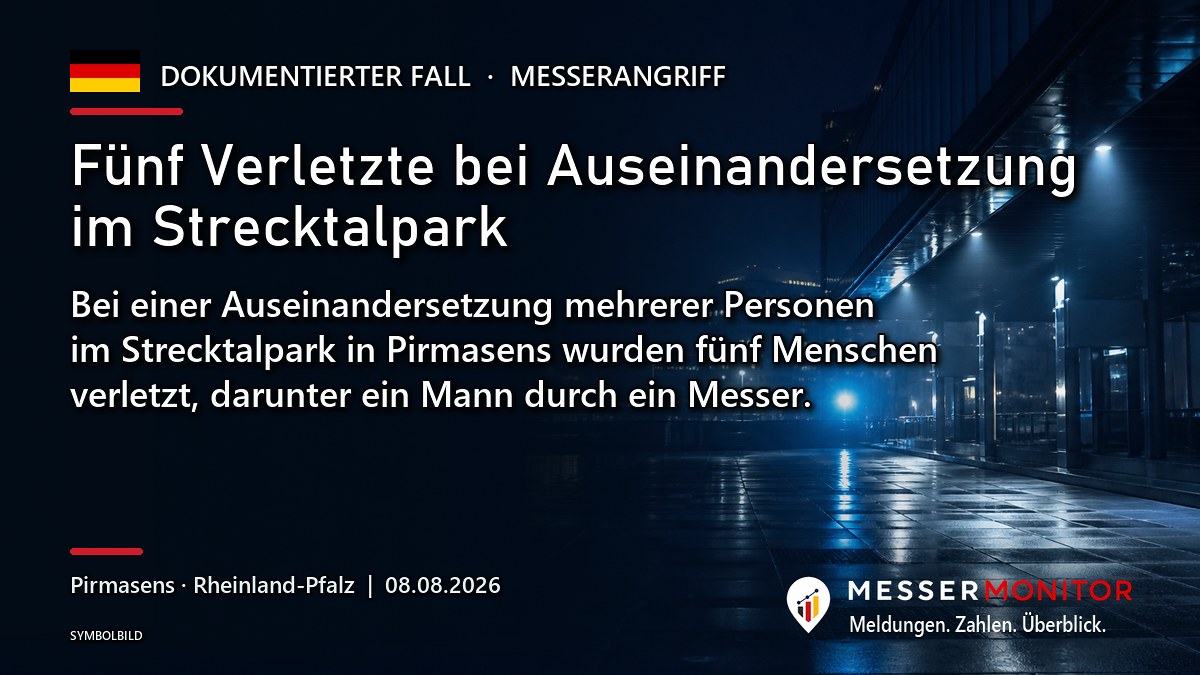 Titelgrafik: Fünf Verletzte bei Auseinandersetzung im Strecktalpark. Bei einer Auseinandersetzung mehrerer Personen im Strecktalpark in Pirmasens wurden fünf Menschen verletzt, darunter ein Mann durch ein Messer..
