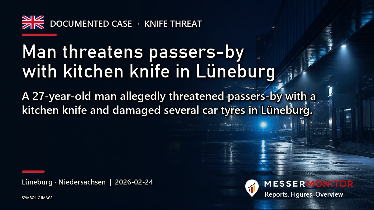 Title image: Man threatens passers-by with kitchen knife in Lüneburg. A 27-year-old man allegedly threatened passers-by with a kitchen knife and damaged several car tyres in Lüneburg..