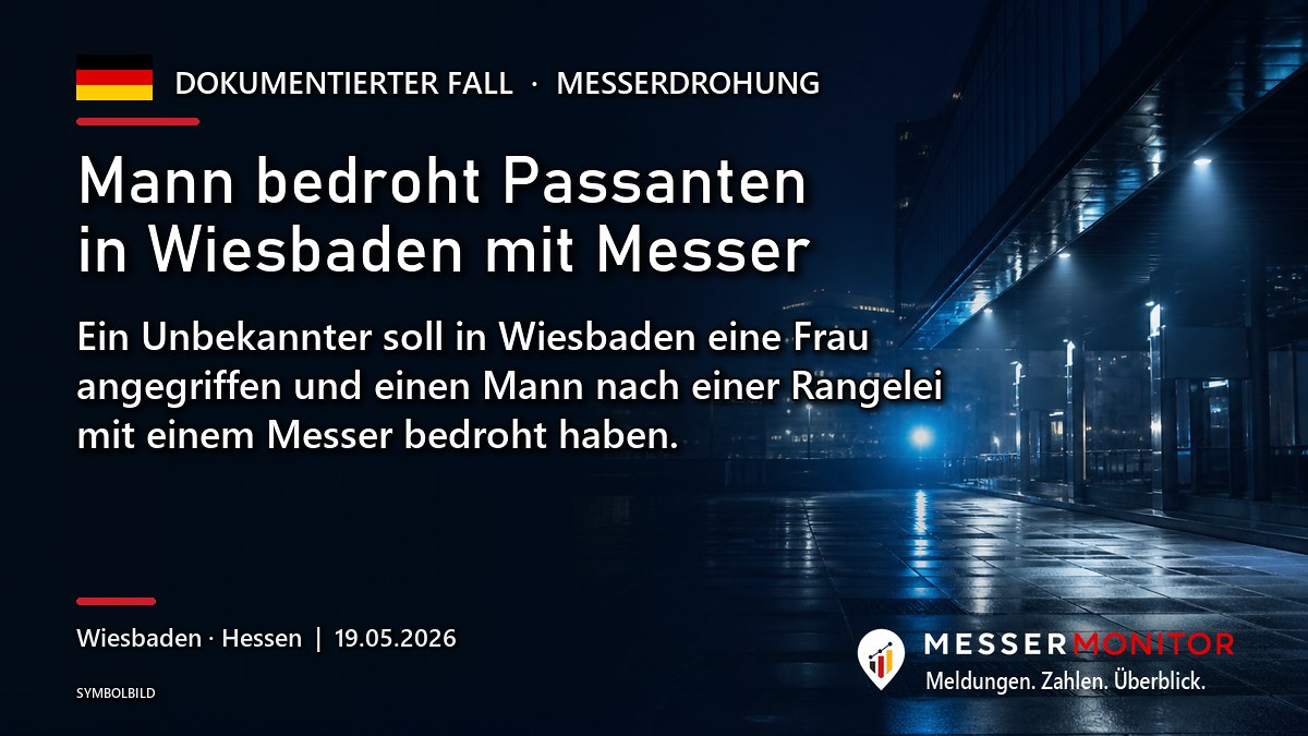 Titelgrafik: Mann bedroht Passanten in Wiesbaden mit Messer. Ein Unbekannter soll in Wiesbaden eine Frau angegriffen und einen Mann nach einer Rangelei mit einem Messer bedroht haben..