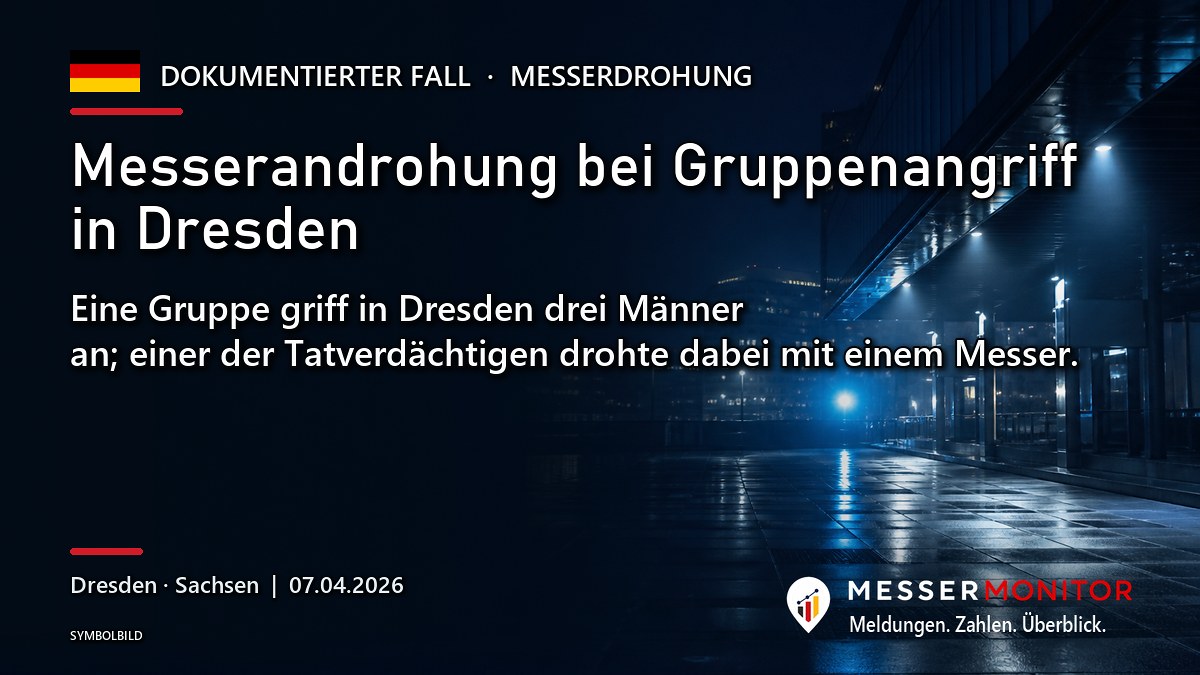 Titelgrafik: Messerandrohung bei Gruppenangriff in Dresden. Eine Gruppe griff in Dresden drei Männer an; einer der Tatverdächtigen drohte dabei mit einem Messer..