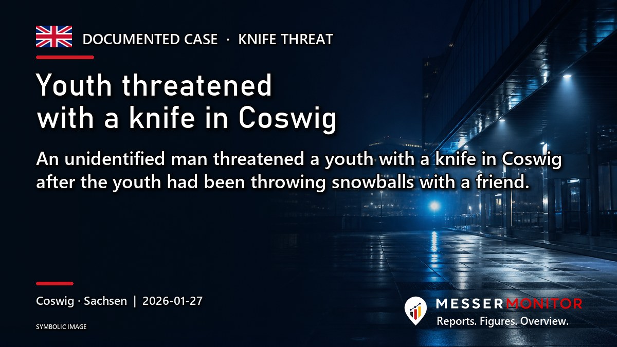 Title image: Youth threatened with a knife in Coswig. An unidentified man threatened a youth with a knife in Coswig after the youth had been throwing snowballs with a friend..