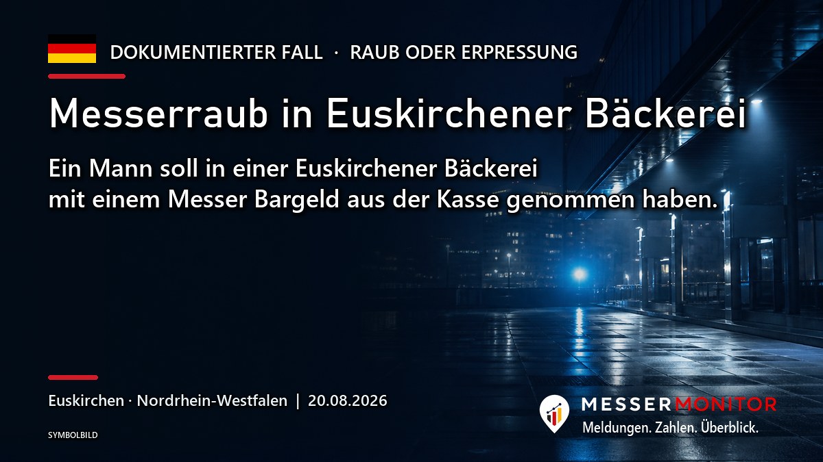 Titelgrafik: Messerraub in Euskirchener Bäckerei. Ein Mann soll in einer Euskirchener Bäckerei mit einem Messer Bargeld aus der Kasse genommen haben..