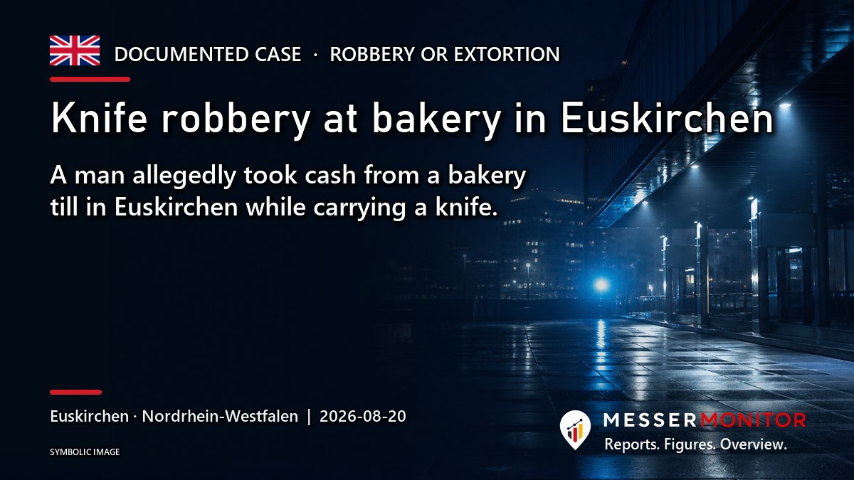 Title image: Knife robbery at bakery in Euskirchen. A man allegedly took cash from a bakery till in Euskirchen while carrying a knife..