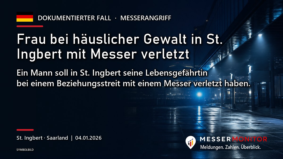 Titelgrafik: Frau bei häuslicher Gewalt in St. Ingbert mit Messer verletzt. Ein Mann soll in St. Ingbert seine Lebensgefährtin bei einem Beziehungsstreit mit einem Messer verletzt haben..