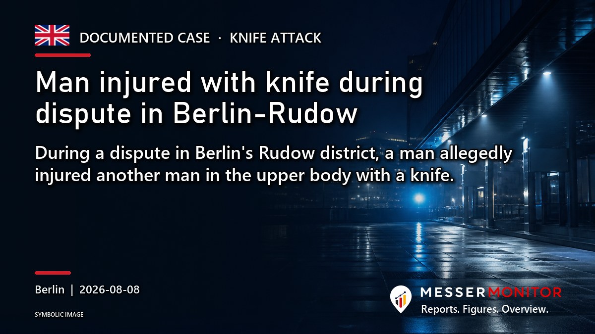 Title image: Man injured with knife during dispute in Berlin-Rudow. During a dispute in Berlin's Rudow district, a man allegedly injured another man in the upper body with a knife..