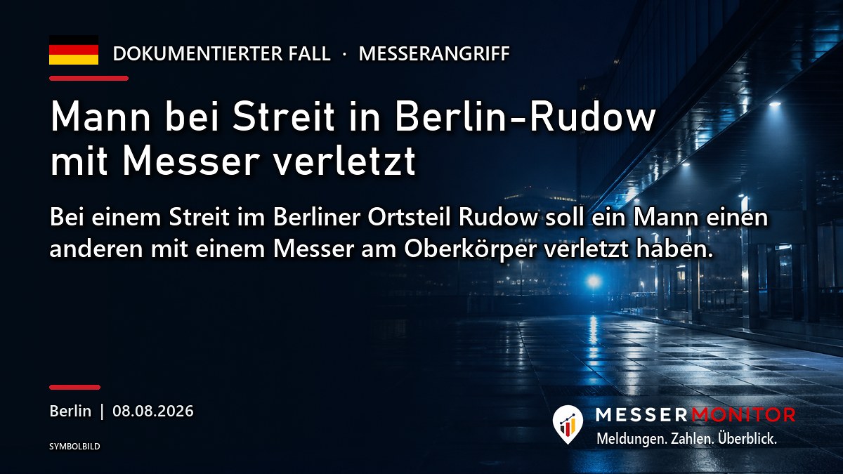 Titelgrafik: Mann bei Streit in Berlin-Rudow mit Messer verletzt. Bei einem Streit im Berliner Ortsteil Rudow soll ein Mann einen anderen mit einem Messer am Oberkörper verletzt haben..