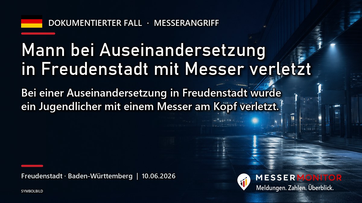 Titelgrafik: Mann bei Auseinandersetzung in Freudenstadt mit Messer verletzt. Bei einer Auseinandersetzung in Freudenstadt wurde ein Jugendlicher mit einem Messer am Kopf verletzt..