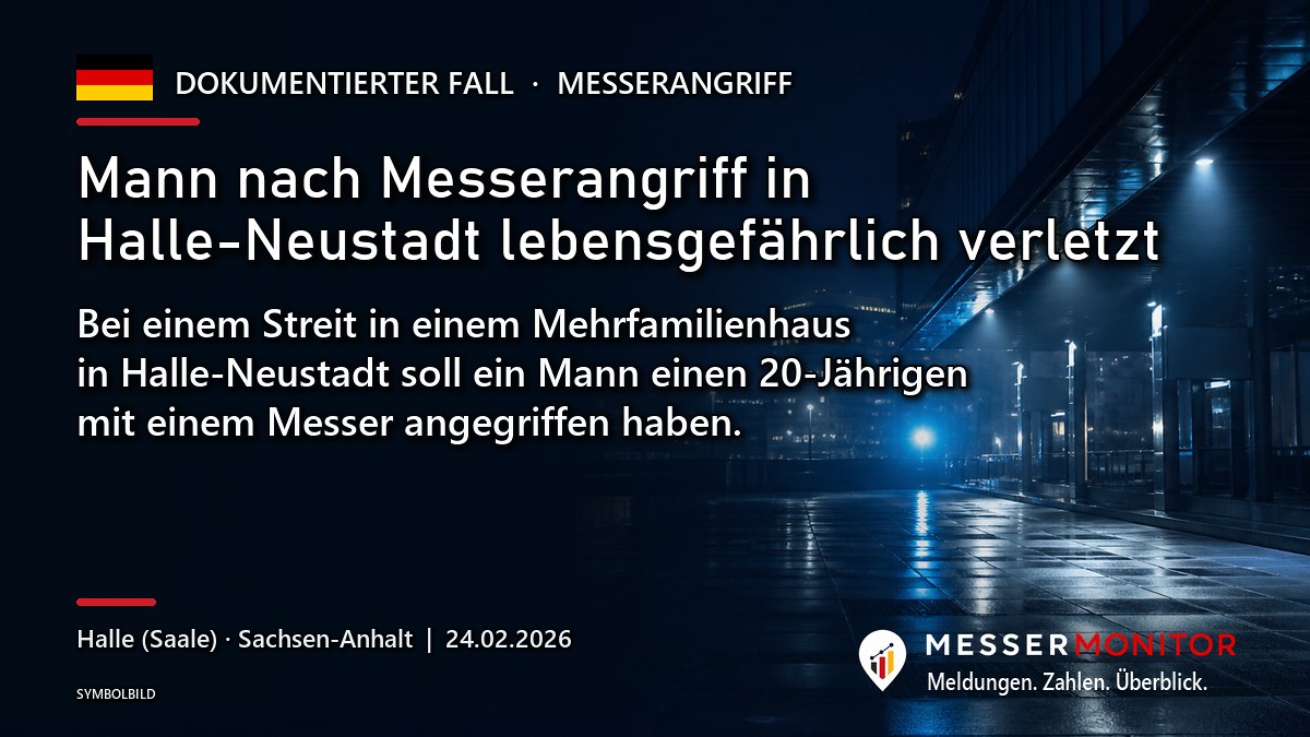 Titelgrafik: Mann nach Messerangriff in Halle-Neustadt lebensgefährlich verletzt. Bei einem Streit in einem Mehrfamilienhaus in Halle-Neustadt soll ein Mann einen 20-Jährigen mit einem Messer angegriffen haben..
