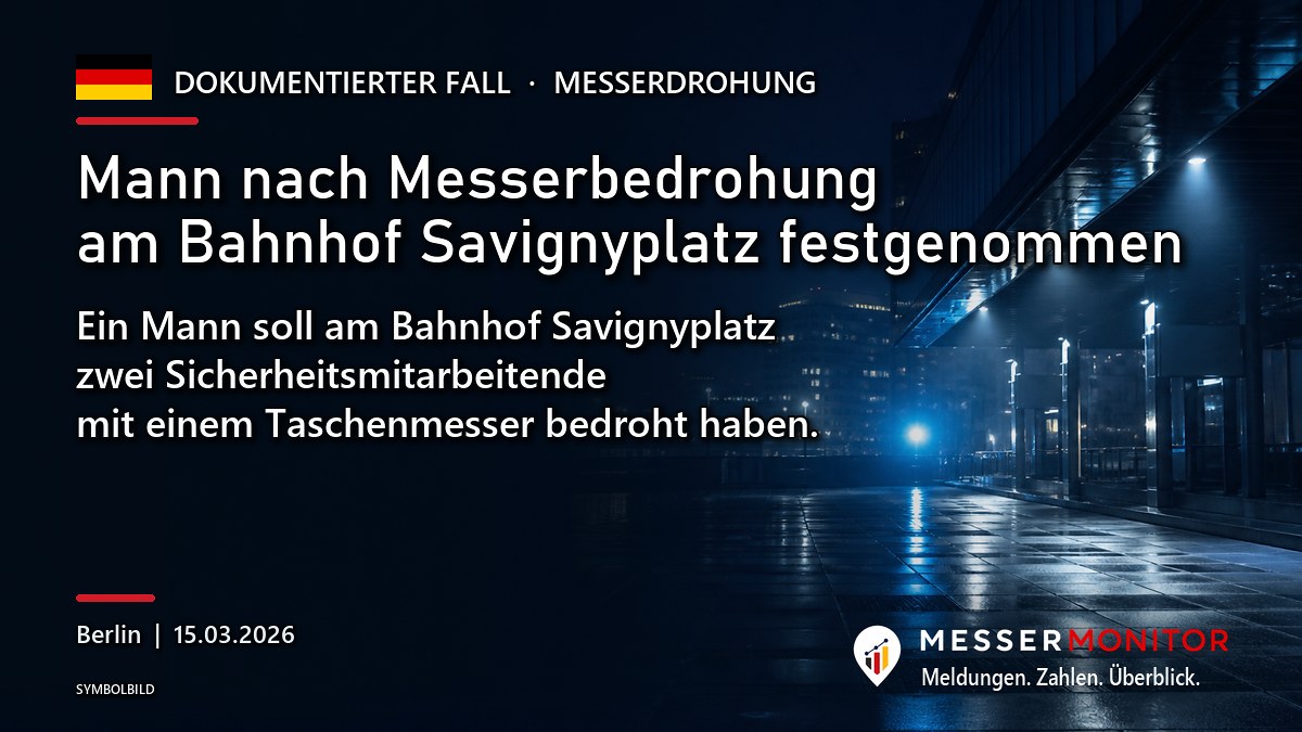 Titelgrafik: Mann nach Messerbedrohung am Bahnhof Savignyplatz festgenommen. Ein Mann soll am Bahnhof Savignyplatz zwei Sicherheitsmitarbeitende mit einem Taschenmesser bedroht haben..