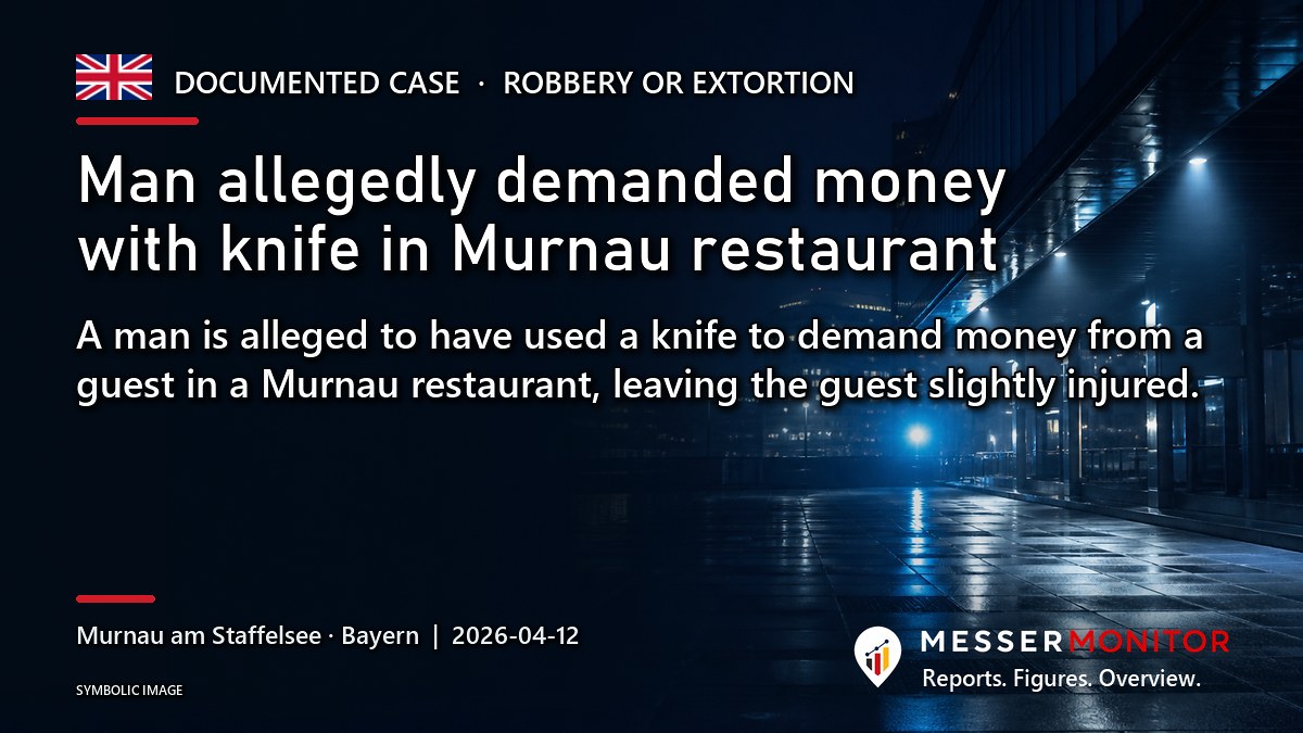 Title image: Man allegedly demanded money with knife in Murnau restaurant. A man is alleged to have used a knife to demand money from a guest in a Murnau restaurant, leaving the guest slightly injured..