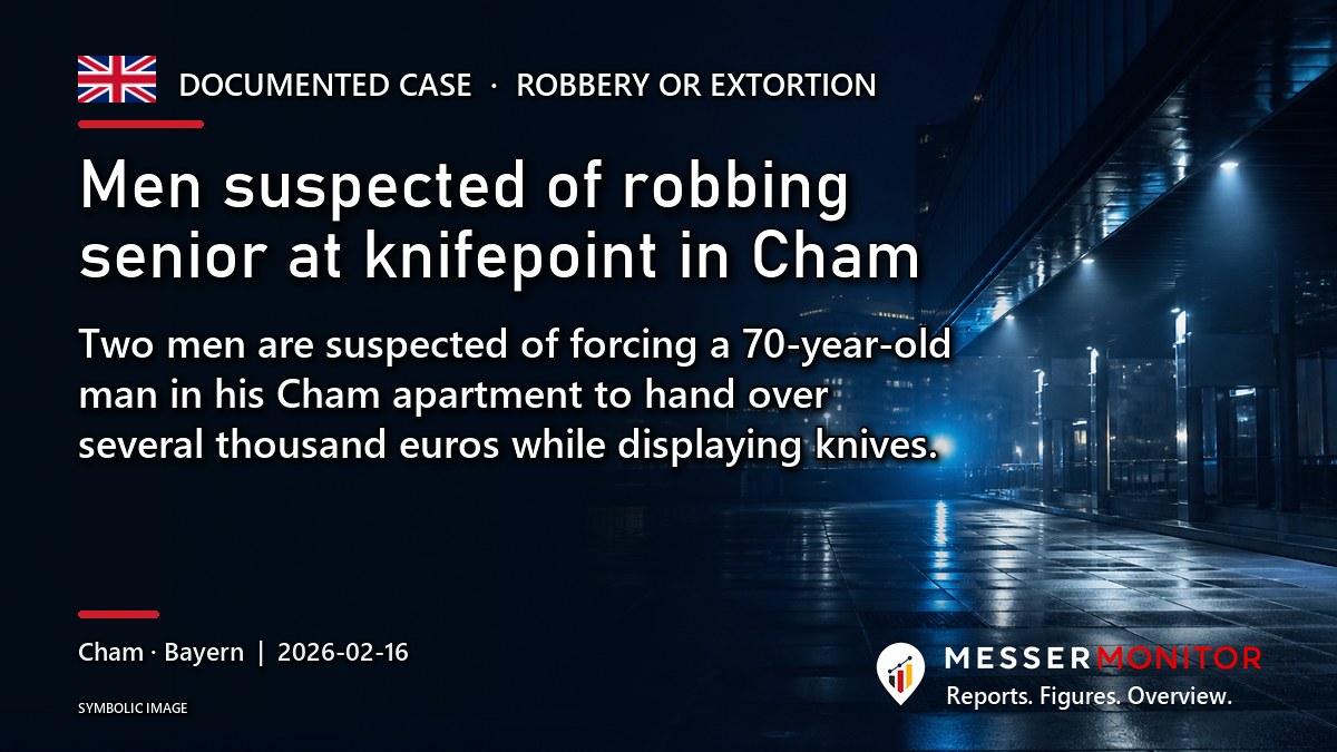 Title image: Men suspected of robbing senior at knifepoint in Cham. Two men are suspected of forcing a 70-year-old man in his Cham apartment to hand over several thousand euros while displaying knives..