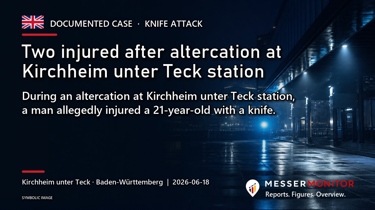 Title image: Two injured after altercation at Kirchheim unter Teck station. During an altercation at Kirchheim unter Teck station, a man allegedly injured a 21-year-old with a knife..