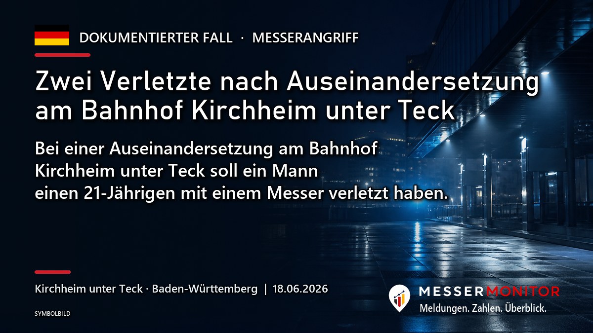 Titelgrafik: Zwei Verletzte nach Auseinandersetzung am Bahnhof Kirchheim unter Teck. Bei einer Auseinandersetzung am Bahnhof Kirchheim unter Teck soll ein Mann einen 21-Jährigen mit einem Messer verletzt haben..