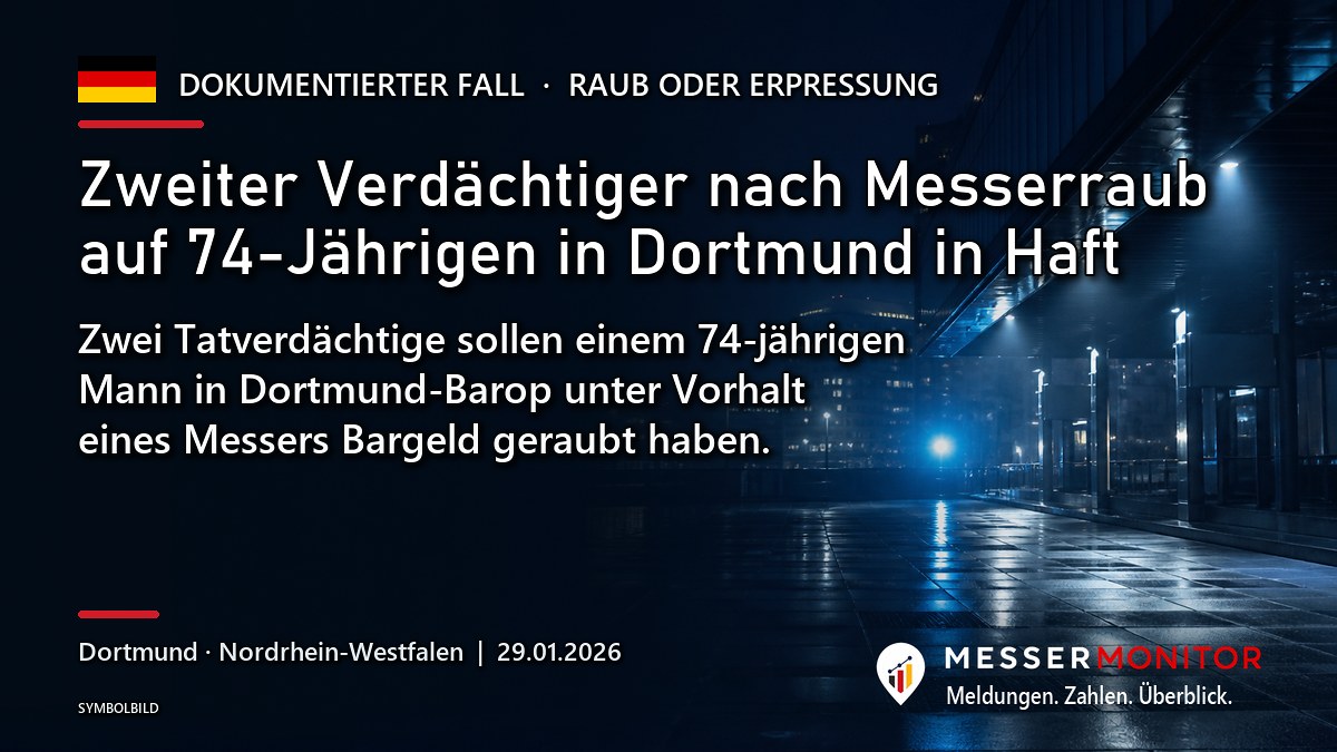 Titelgrafik: Zweiter Verdächtiger nach Messerraub auf 74-Jährigen in Dortmund in Haft. Zwei Tatverdächtige sollen einem 74-jährigen Mann in Dortmund-Barop unter Vorhalt eines Messers Bargeld geraubt haben..