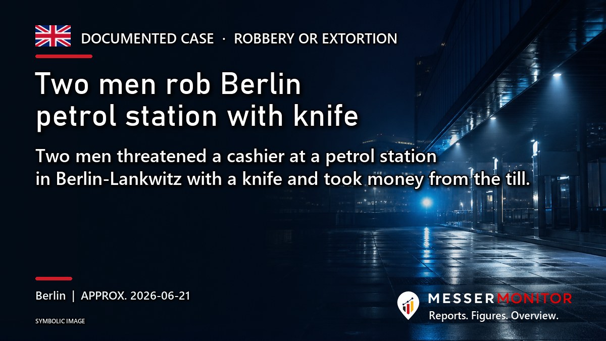 Title image: Two men rob Berlin petrol station with knife. Two men threatened a cashier at a petrol station in Berlin-Lankwitz with a knife and took money from the till..