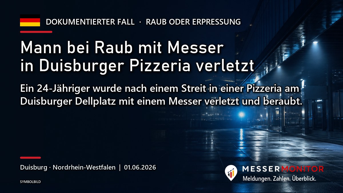 Titelgrafik: Mann bei Raub mit Messer in Duisburger Pizzeria verletzt. Ein 24-Jähriger wurde nach einem Streit in einer Pizzeria am Duisburger Dellplatz mit einem Messer verletzt und beraubt..