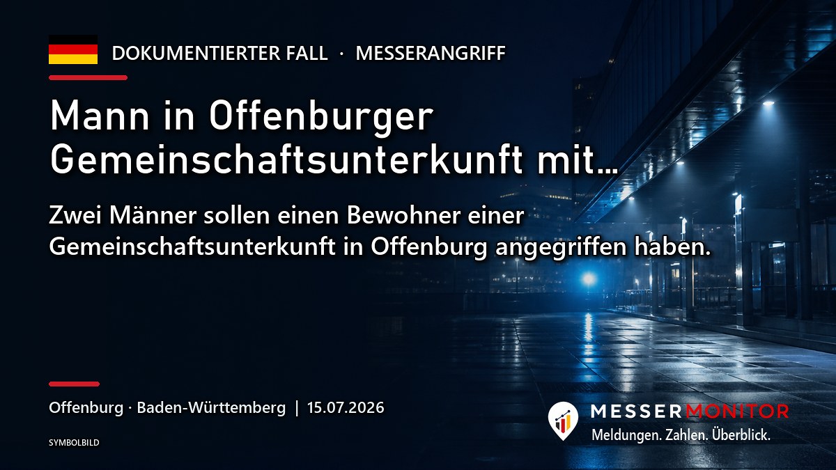 Titelgrafik: Mann in Offenburger Gemeinschaftsunterkunft mit…. Zwei Männer sollen einen Bewohner einer Gemeinschaftsunterkunft in Offenburg angegriffen haben..