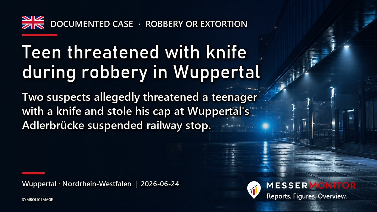 Title image: Teen threatened with knife during robbery in Wuppertal. Two suspects allegedly threatened a teenager with a knife and stole his cap at Wuppertal's Adlerbrücke suspended railway stop..
