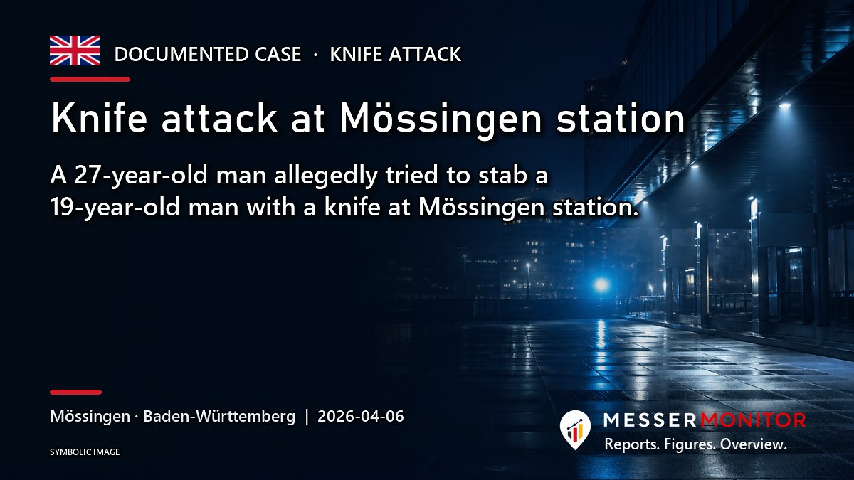 Title image: Knife attack at Mössingen station. A 27-year-old man allegedly tried to stab a 19-year-old man with a knife at Mössingen station..