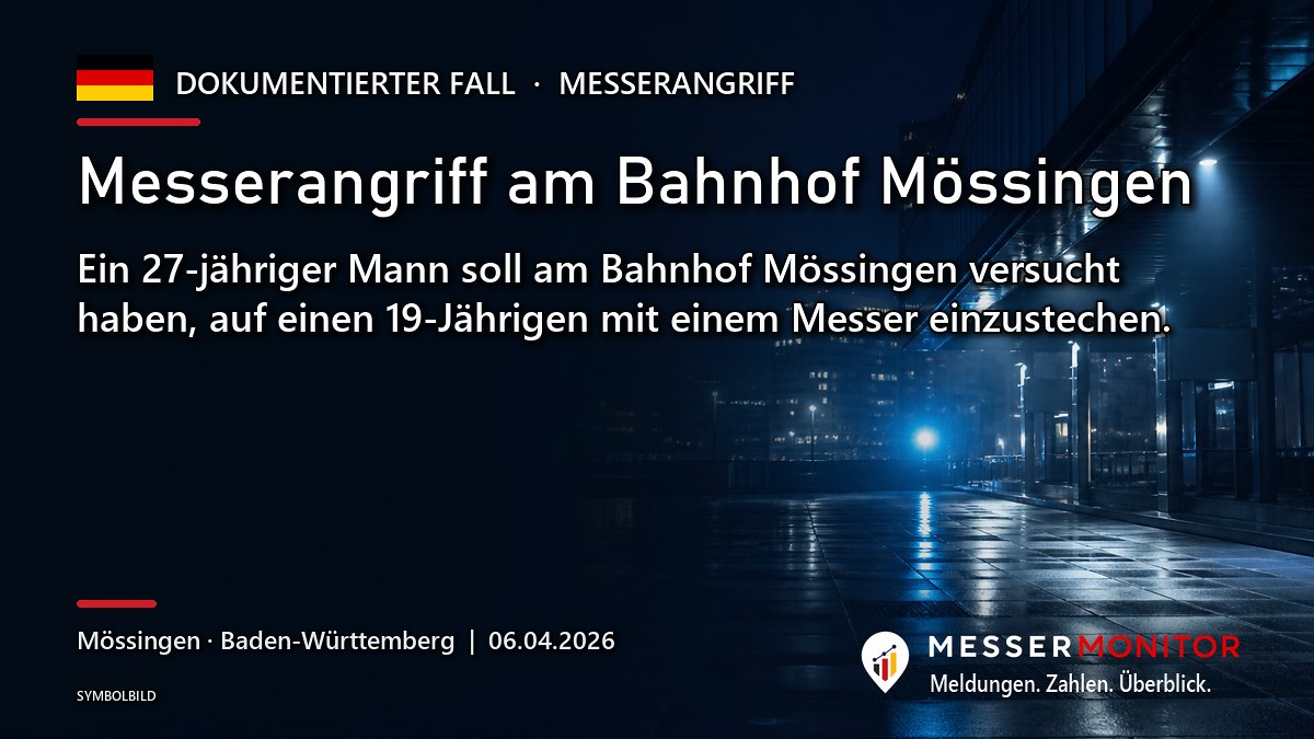 Titelgrafik: Messerangriff am Bahnhof Mössingen. Ein 27-jähriger Mann soll am Bahnhof Mössingen versucht haben, auf einen 19-Jährigen mit einem Messer einzustechen..