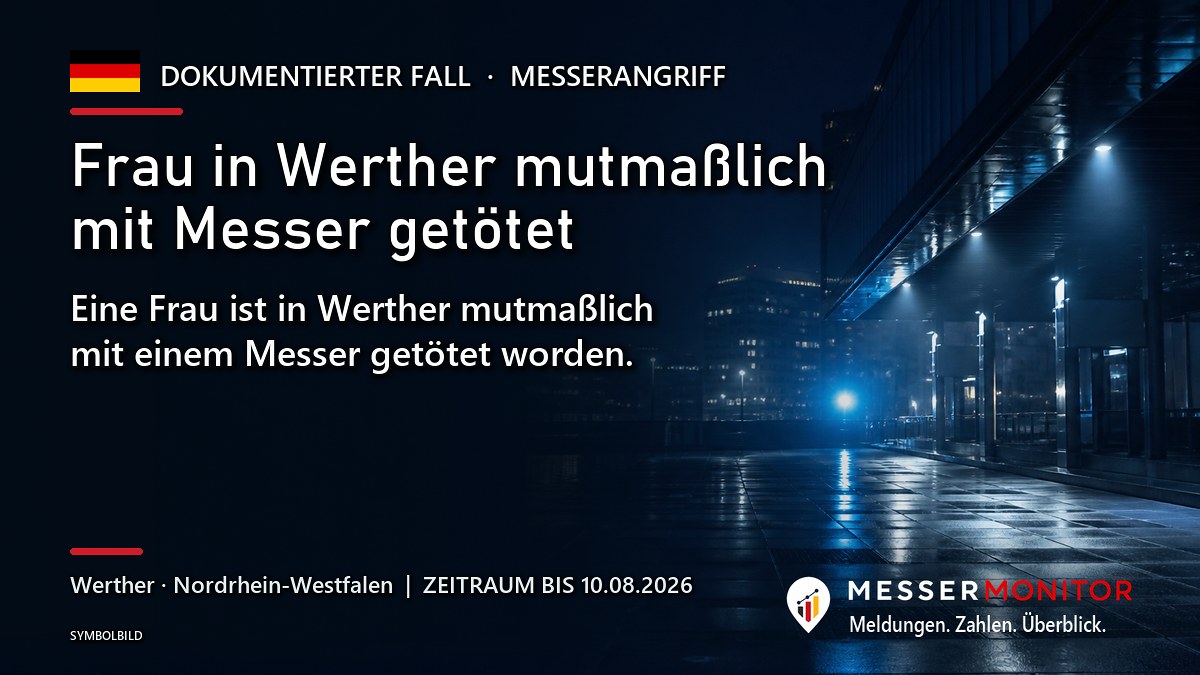 Titelgrafik: Frau in Werther mutmaßlich mit Messer getötet. Eine Frau ist in Werther mutmaßlich mit einem Messer getötet worden..