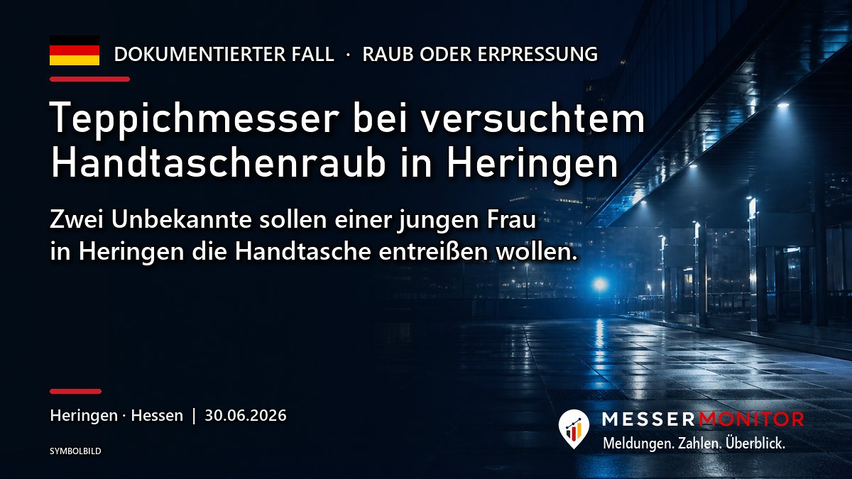 Titelgrafik: Teppichmesser bei versuchtem Handtaschenraub in Heringen. Zwei Unbekannte sollen einer jungen Frau in Heringen die Handtasche entreißen wollen..