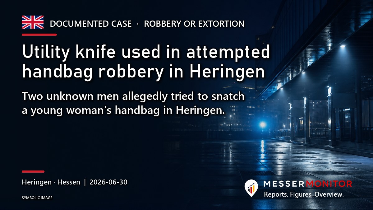 Title image: Utility knife used in attempted handbag robbery in Heringen. Two unknown men allegedly tried to snatch a young woman's handbag in Heringen..