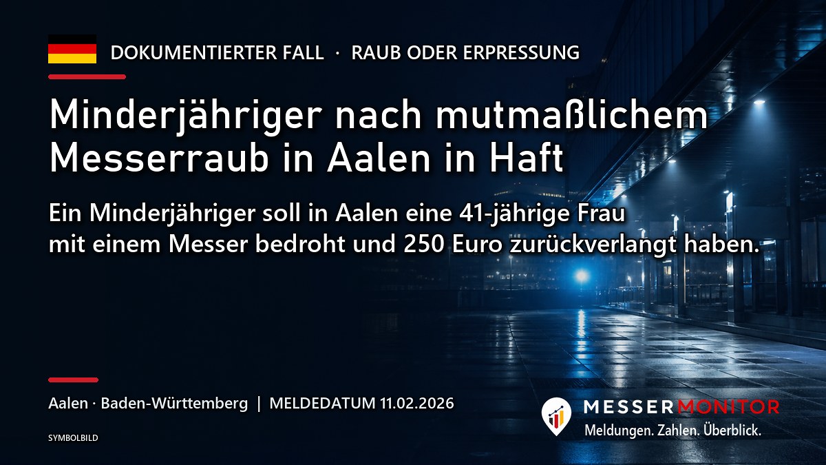 Titelgrafik: Minderjähriger nach mutmaßlichem Messerraub in Aalen in Haft. Ein Minderjähriger soll in Aalen eine 41-jährige Frau mit einem Messer bedroht und 250 Euro zurückverlangt haben..