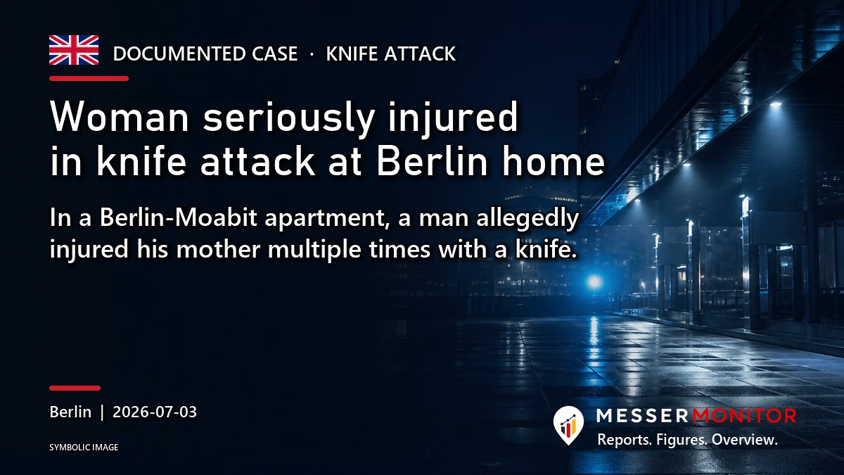 Title image: Woman seriously injured in knife attack at Berlin home. In a Berlin-Moabit apartment, a man allegedly injured his mother multiple times with a knife..