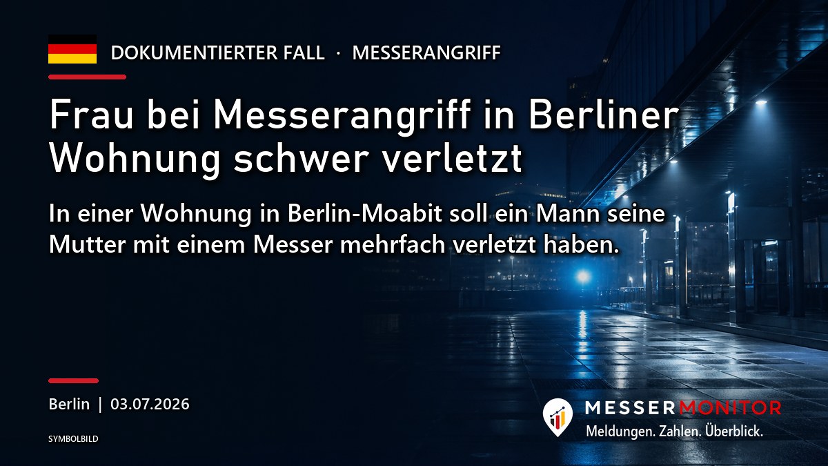 Titelgrafik: Frau bei Messerangriff in Berliner Wohnung schwer verletzt. In einer Wohnung in Berlin-Moabit soll ein Mann seine Mutter mit einem Messer mehrfach verletzt haben..