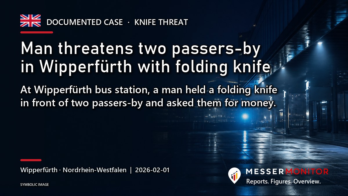 Title image: Man threatens two passers-by in Wipperfürth with folding knife. At Wipperfürth bus station, a man held a folding knife in front of two passers-by and asked them for money..