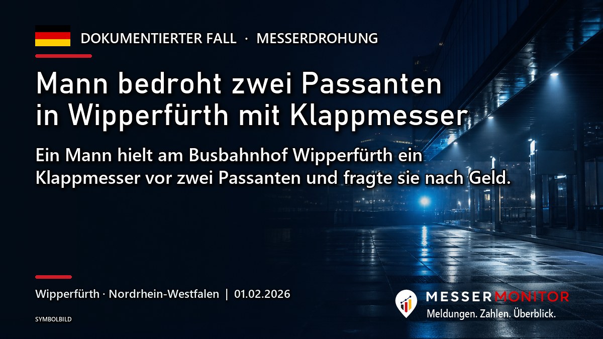 Titelgrafik: Mann bedroht zwei Passanten in Wipperfürth mit Klappmesser. Ein Mann hielt am Busbahnhof Wipperfürth ein Klappmesser vor zwei Passanten und fragte sie nach Geld..