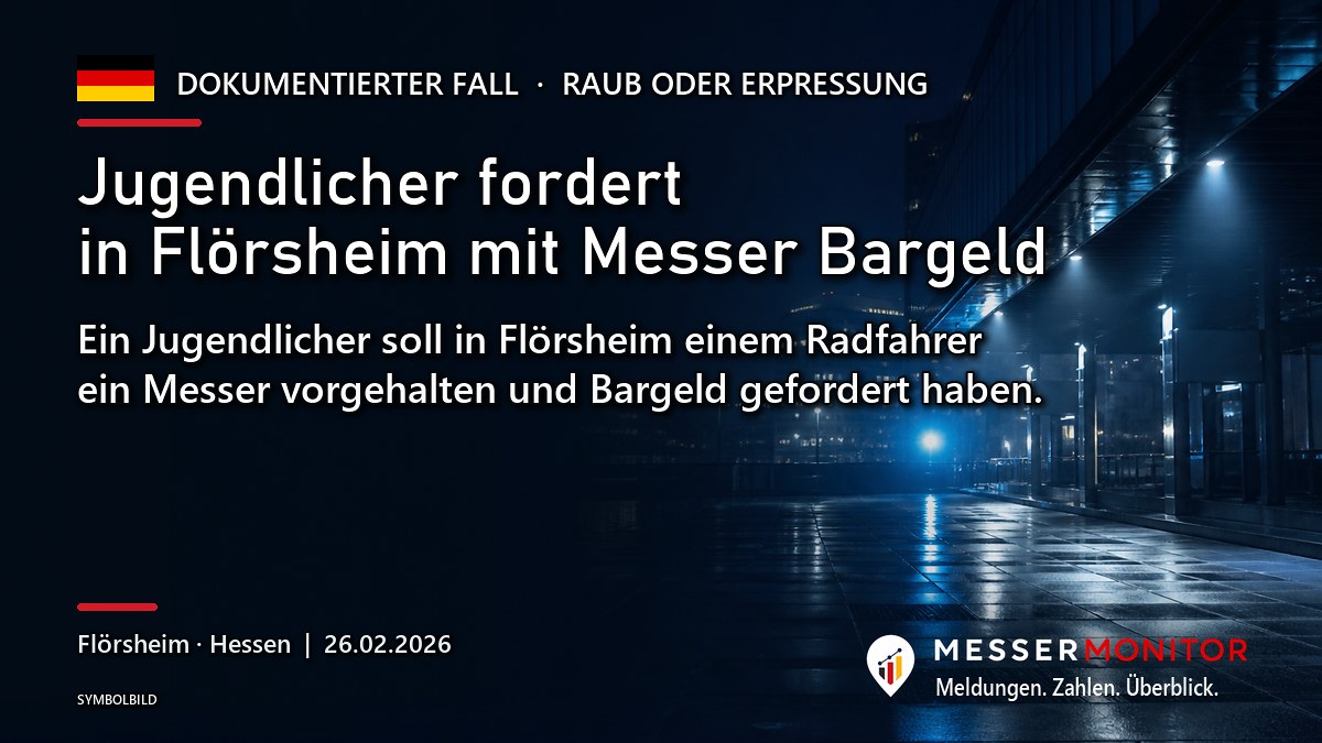 Titelgrafik: Jugendlicher fordert in Flörsheim mit Messer Bargeld. Ein Jugendlicher soll in Flörsheim einem Radfahrer ein Messer vorgehalten und Bargeld gefordert haben..