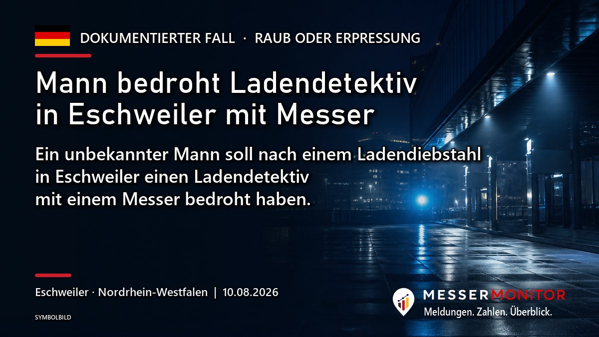 Titelgrafik: Mann bedroht Ladendetektiv in Eschweiler mit Messer. Ein unbekannter Mann soll nach einem Ladendiebstahl in Eschweiler einen Ladendetektiv mit einem Messer bedroht haben..