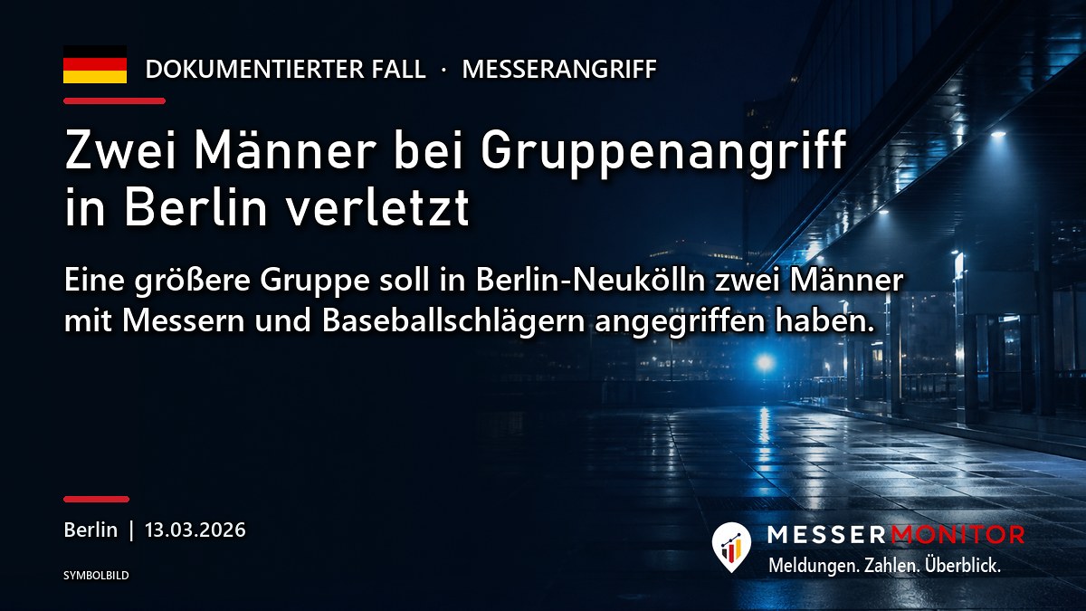 Titelgrafik: Zwei Männer bei Gruppenangriff in Berlin verletzt. Eine größere Gruppe soll in Berlin-Neukölln zwei Männer mit Messern und Baseballschlägern angegriffen haben..