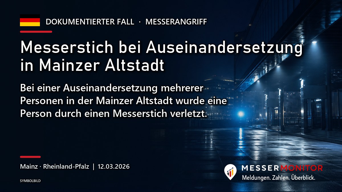 Titelgrafik: Messerstich bei Auseinandersetzung in Mainzer Altstadt. Bei einer Auseinandersetzung mehrerer Personen in der Mainzer Altstadt wurde eine Person durch einen Messerstich verletzt..