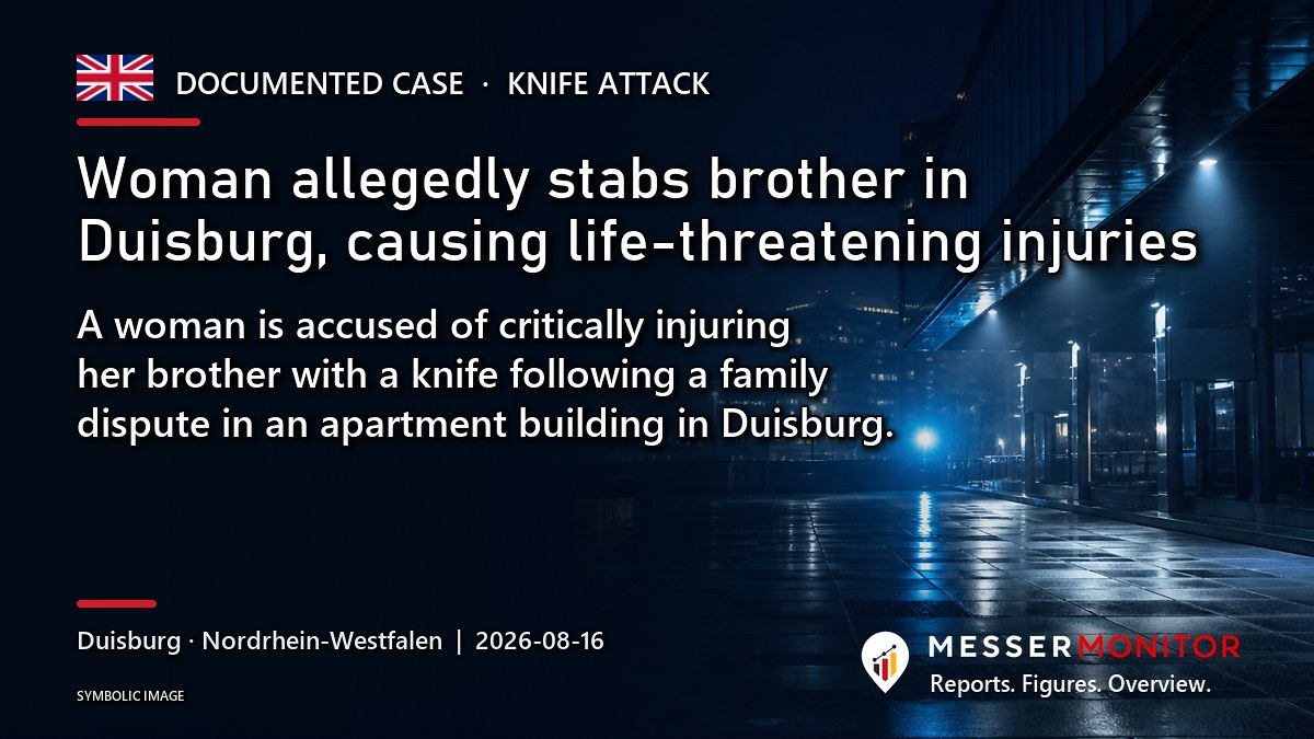 Title image: Woman allegedly stabs brother in Duisburg, causing life-threatening injuries. A woman is accused of critically injuring her brother with a knife following a family dispute in an apartment building in Duisburg..