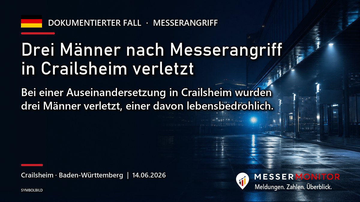 Titelgrafik: Drei Männer nach Messerangriff in Crailsheim verletzt. Bei einer Auseinandersetzung in Crailsheim wurden drei Männer verletzt, einer davon lebensbedrohlich..