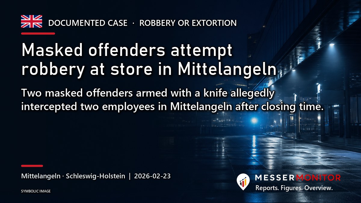 Title image: Masked offenders attempt robbery at store in Mittelangeln. Two masked offenders armed with a knife allegedly intercepted two employees in Mittelangeln after closing time..