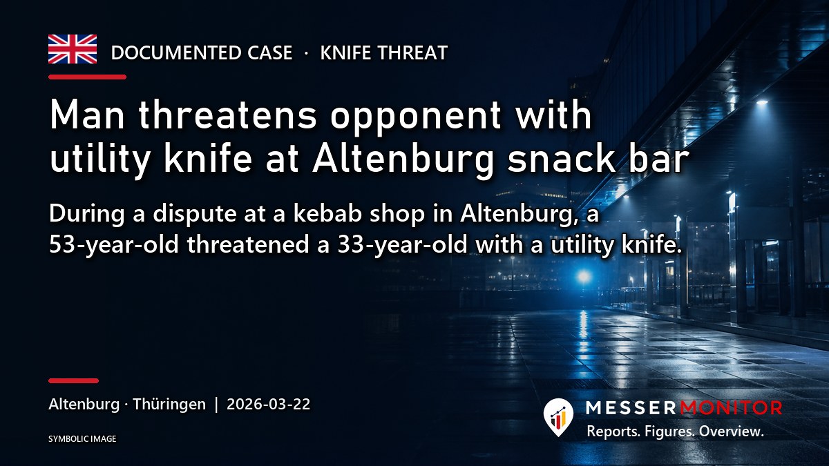 Title image: Man threatens opponent with utility knife at Altenburg snack bar. During a dispute at a kebab shop in Altenburg, a 53-year-old threatened a 33-year-old with a utility knife..