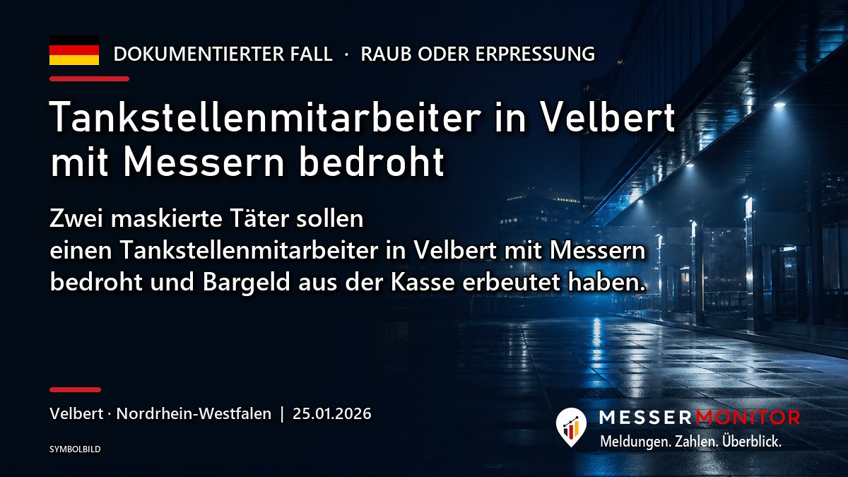 Titelgrafik: Tankstellenmitarbeiter in Velbert mit Messern bedroht. Zwei maskierte Täter sollen einen Tankstellenmitarbeiter in Velbert mit Messern bedroht und Bargeld aus der Kasse erbeutet haben..