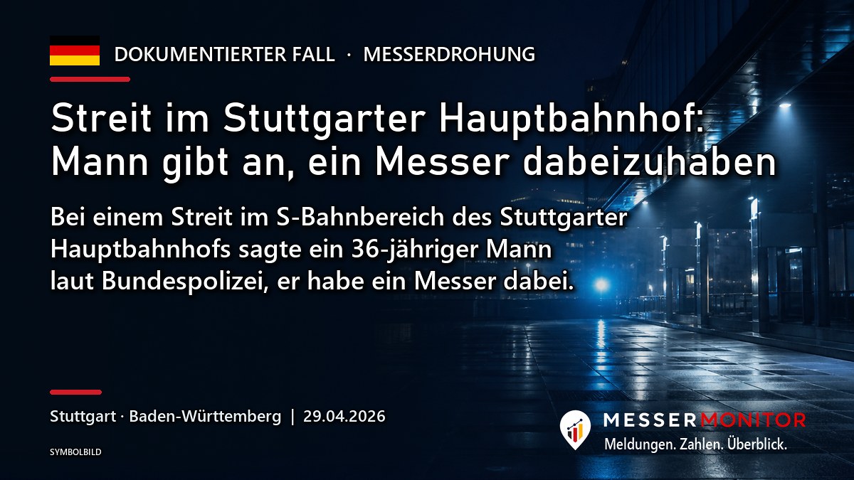 Titelgrafik: Streit im Stuttgarter Hauptbahnhof: Mann gibt an, ein Messer dabeizuhaben. Bei einem Streit im S-Bahnbereich des Stuttgarter Hauptbahnhofs sagte ein 36-jähriger Mann laut Bundespolizei, er habe ein Messer dabei..