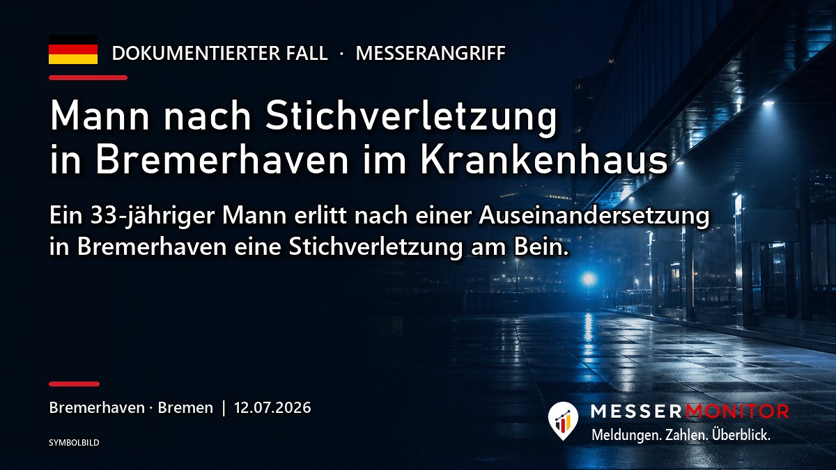 Titelgrafik: Mann nach Stichverletzung in Bremerhaven im Krankenhaus. Ein 33-jähriger Mann erlitt nach einer Auseinandersetzung in Bremerhaven eine Stichverletzung am Bein..