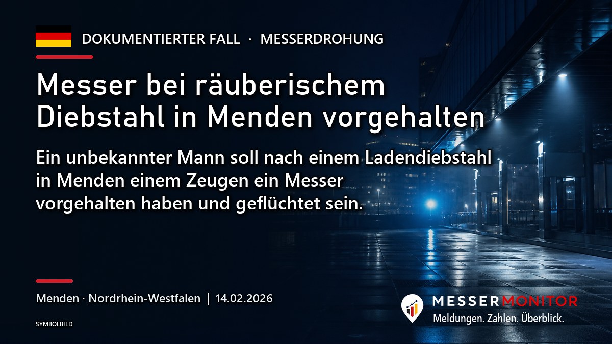 Titelgrafik: Messer bei räuberischem Diebstahl in Menden vorgehalten. Ein unbekannter Mann soll nach einem Ladendiebstahl in Menden einem Zeugen ein Messer vorgehalten haben und geflüchtet sein..