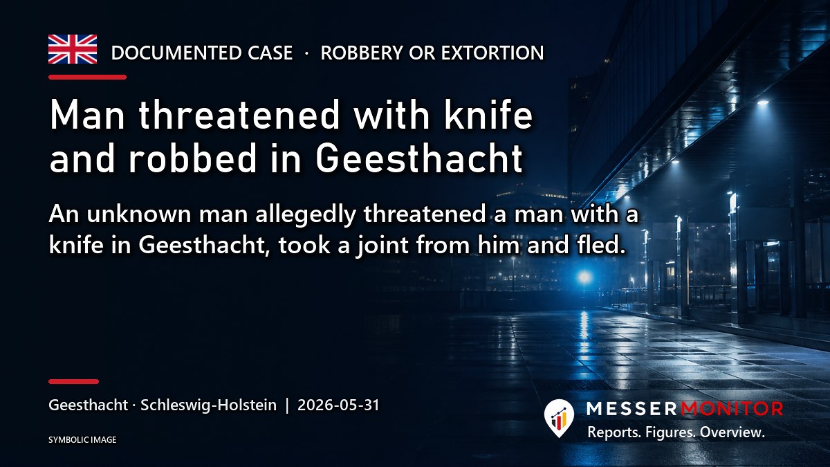 Title image: Man threatened with knife and robbed in Geesthacht. An unknown man allegedly threatened a man with a knife in Geesthacht, took a joint from him and fled..