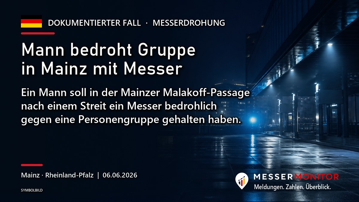 Titelgrafik: Mann bedroht Gruppe in Mainz mit Messer. Ein Mann soll in der Mainzer Malakoff-Passage nach einem Streit ein Messer bedrohlich gegen eine Personengruppe gehalten haben..