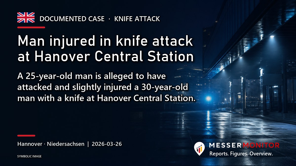 Title image: Man injured in knife attack at Hanover Central Station. A 25-year-old man is alleged to have attacked and slightly injured a 30-year-old man with a knife at Hanover Central Station..