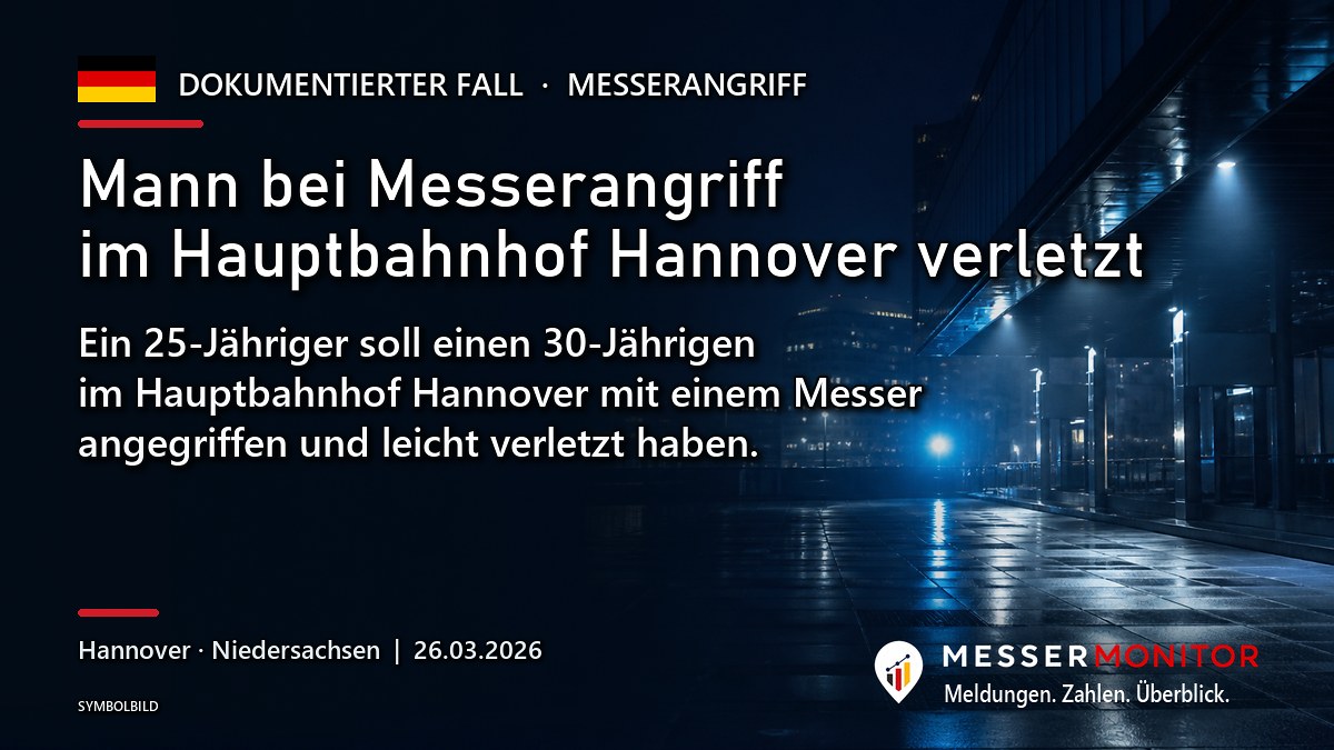Titelgrafik: Mann bei Messerangriff im Hauptbahnhof Hannover verletzt. Ein 25-Jähriger soll einen 30-Jährigen im Hauptbahnhof Hannover mit einem Messer angegriffen und leicht verletzt haben..