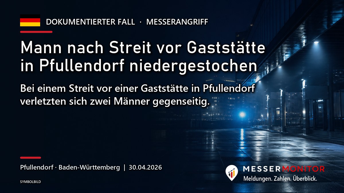 Titelgrafik: Mann nach Streit vor Gaststätte in Pfullendorf niedergestochen. Bei einem Streit vor einer Gaststätte in Pfullendorf verletzten sich zwei Männer gegenseitig..
