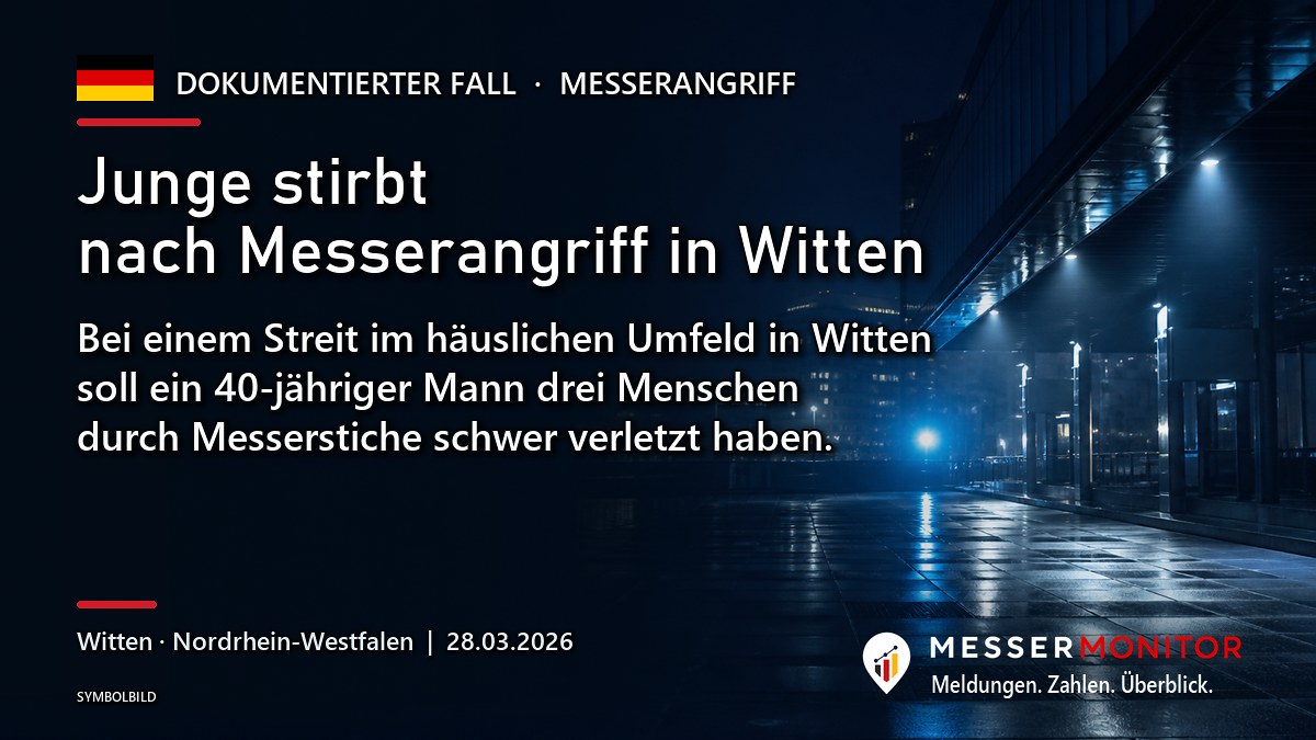 Titelgrafik: Junge stirbt nach Messerangriff in Witten. Bei einem Streit im häuslichen Umfeld in Witten soll ein 40-jähriger Mann drei Menschen durch Messerstiche schwer verletzt haben..